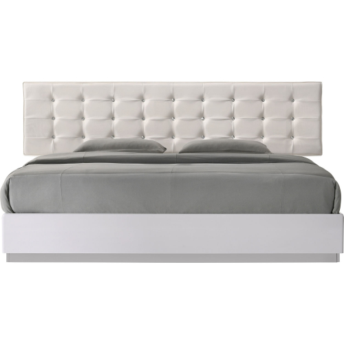 Milan Queen Bed in White Lacquer & Tufted Leatherette